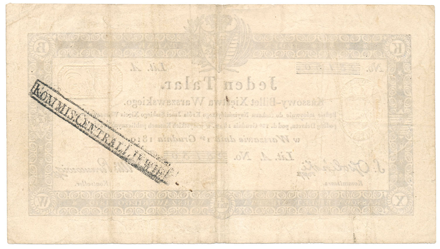 Banknot. Księstwo Warszawskie, 1 talar 1810 seria A - Ossoliński/Piramowicz